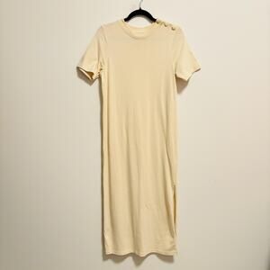 Sezane Dress Womens Small Cream Organic Cotton Quiet Luxury Midi Button Slit